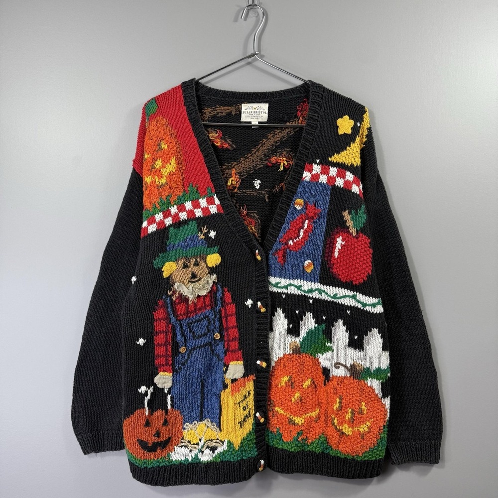 Vintage Susan Bristol Sweater Womens Medium Black Halloween Pumpkin Cardigan 90s